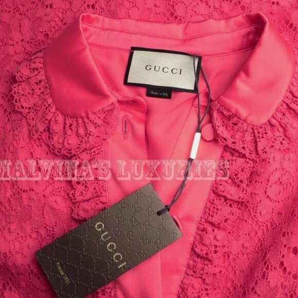 GUCCI SHIRT DRESS RUFFLE DETAIL RED CORAL COTTON CLUNY LACE sz IT 40 US 4 - Picture 8 of 12